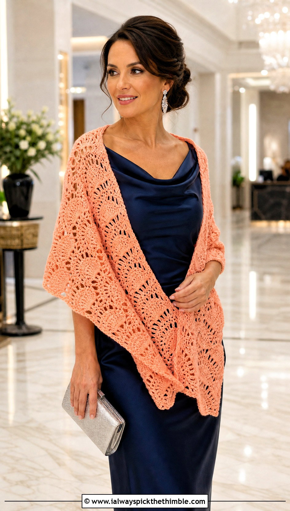 Shell Stitch Sideways Crochet Shawl With Satin Dress - 20 Sideways Crochet Shawl outfit ideas