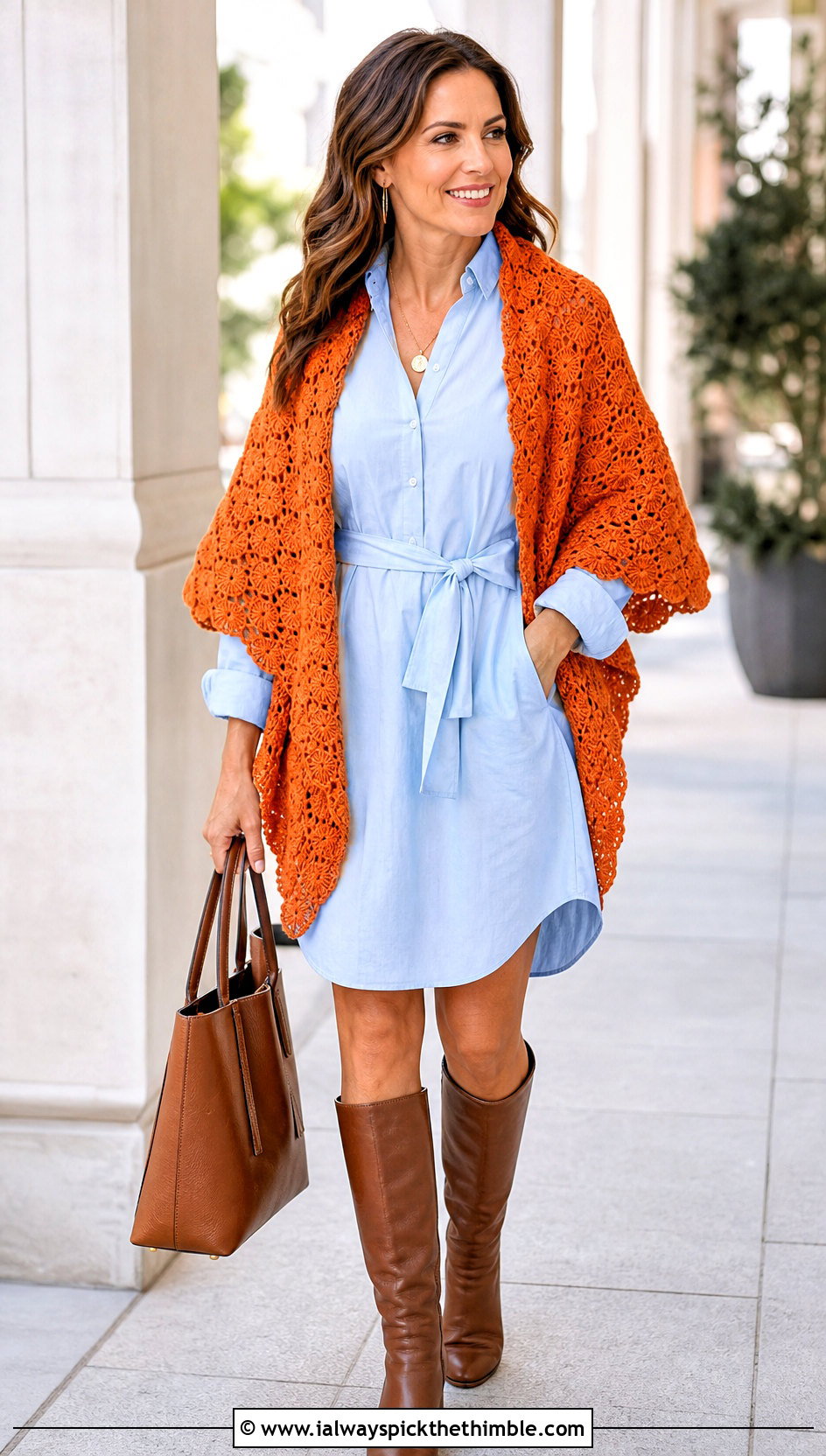 Shell Stitch Sleeve Scarf With Shirt Dress - 20 crochet scarf with arms outfit ideas