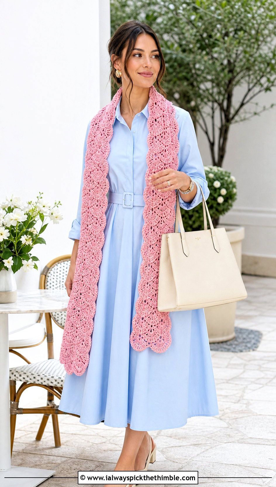 Shell Stitch Sleeved Crochet Scarf With Shirt Dress - 20 Sleeved Crochet Scarf outfit ideas