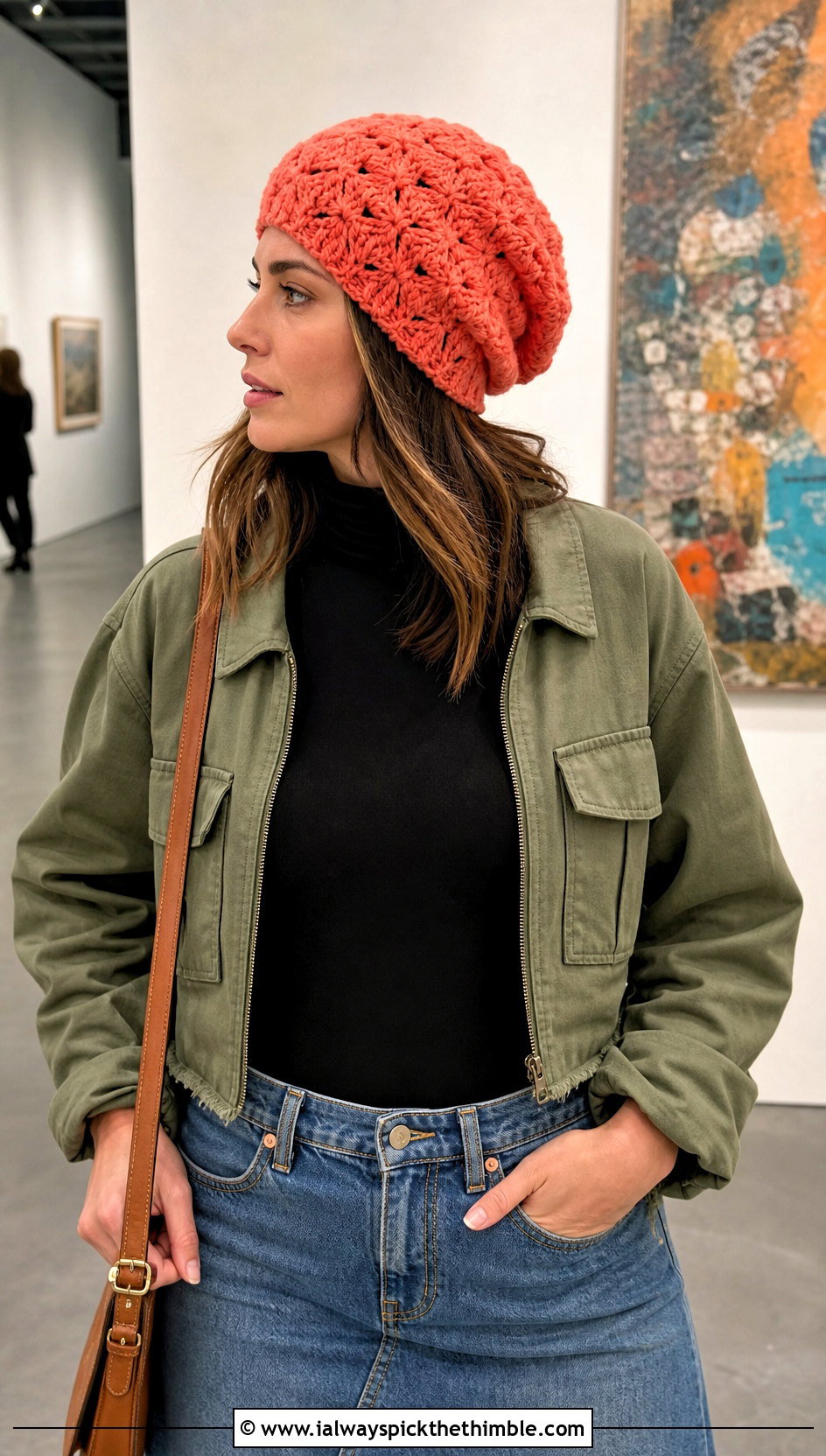 Shell Stitch Slouch Crochet Beanie With Midi Skirt - 20 slouch crochet beanie outfit ideas
