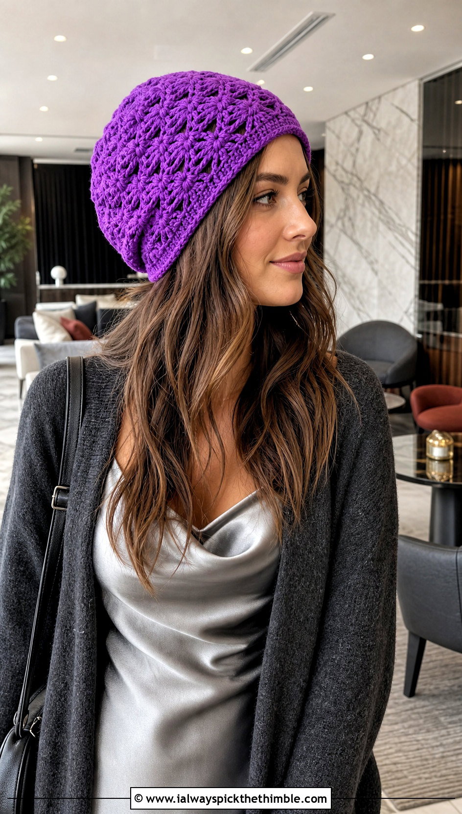 Shell Stitch Slouchy Beanie With Slip Dress And Cardigan - 25 crochet slouchy beanie outfit ideas