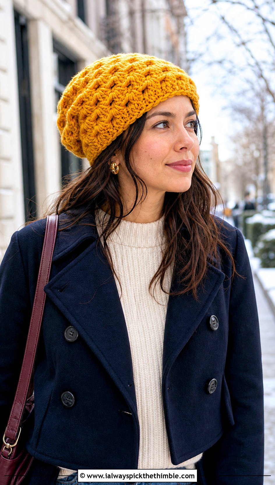 Shell Stitch Slouchy Crochet Beanie With Cropped Peacoat - 25 slouchy crochet beanie outfit ideas