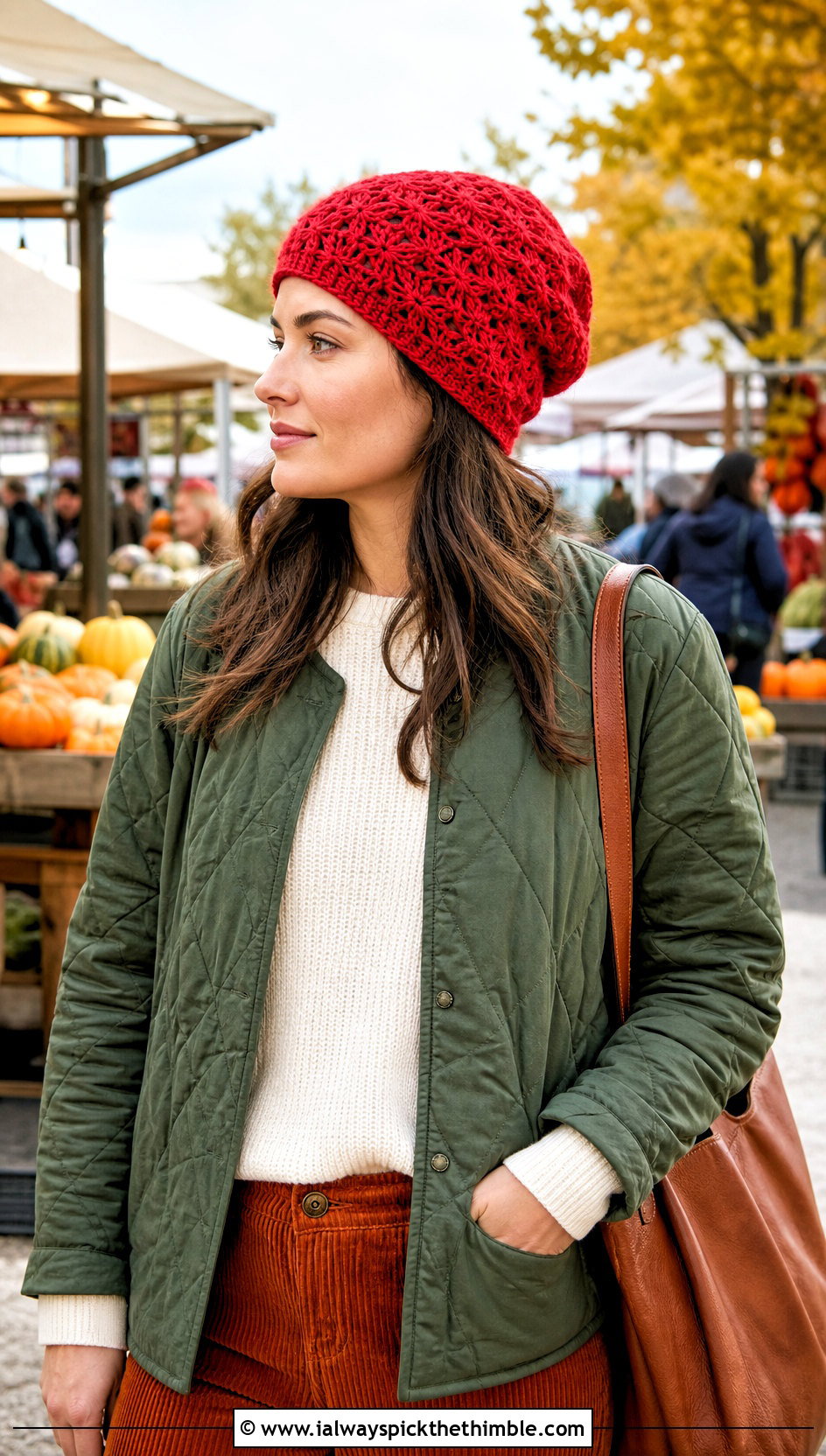 Shell Stitch Slouchy Crochet Beanie With Quilted Jacket - 20 Easy Slouchy Crochet Beanie outfit ideas