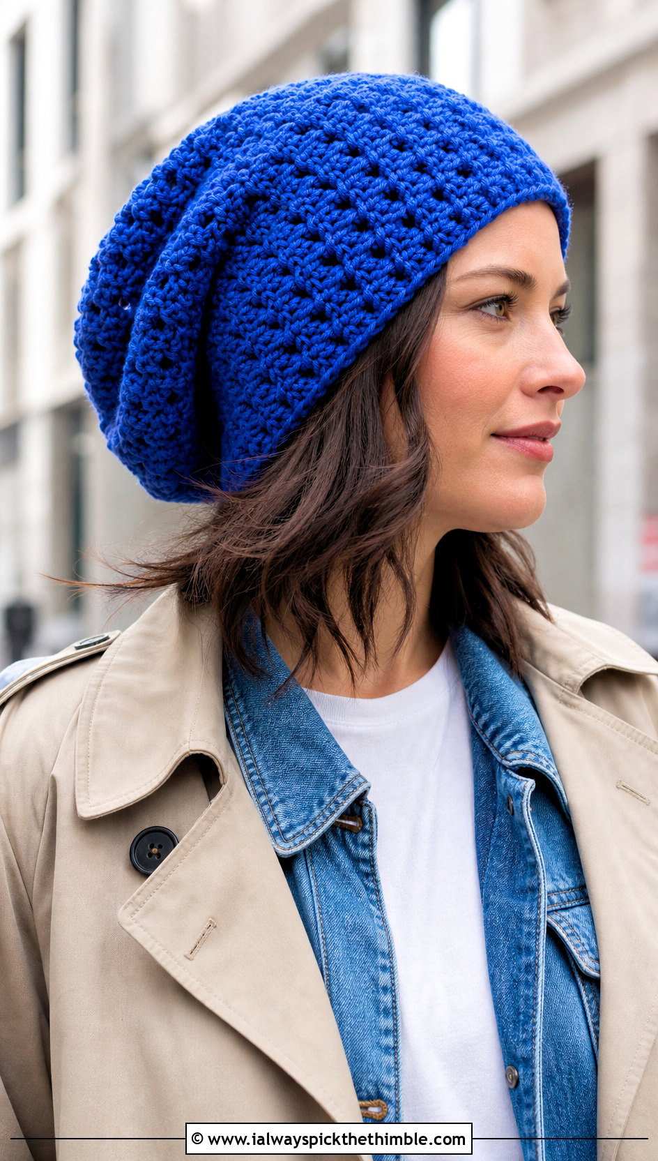 Shell Stitch Slouchy Crochet Crowd Hat With Trench Coat - 15 Crochet Crowd Hat outfit ideas