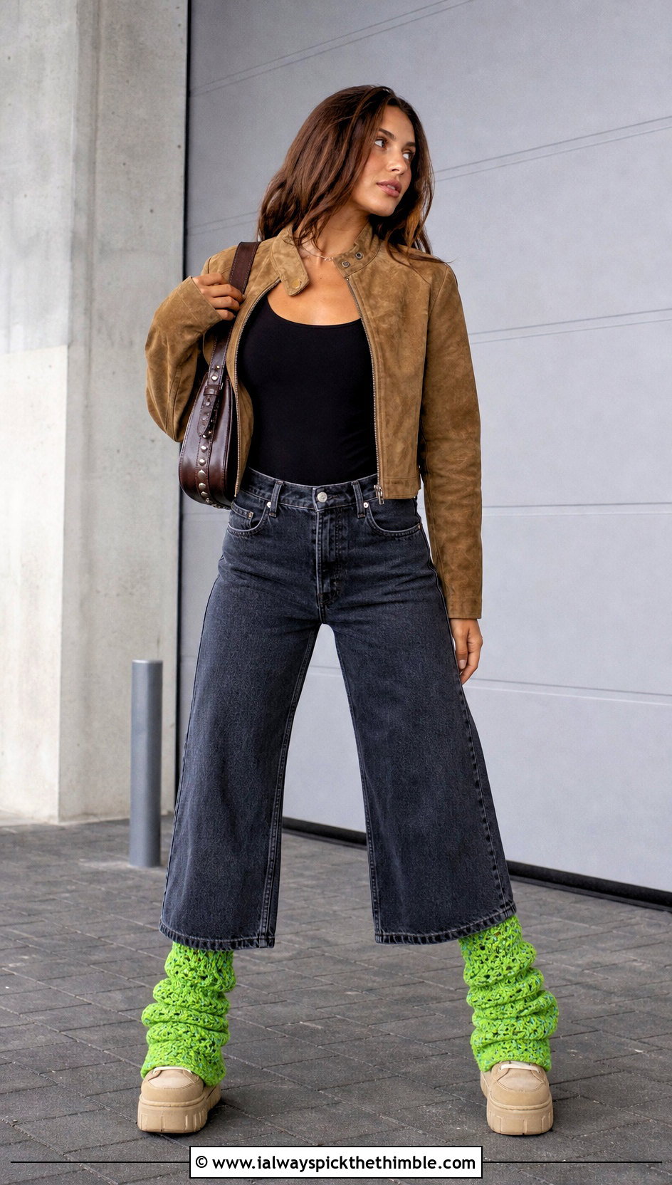 Shell Stitch Slouchy Crochet Leg Warmers With Wide Leg Jeans - 20 Slouchy Crochet Leg Warmers outfit ideas