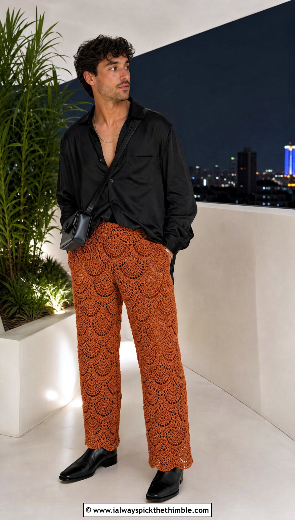 Shell Stitch Straight Leg Crochet Pants With Satin Shirt - 20 mens crochet pants outfit ideas