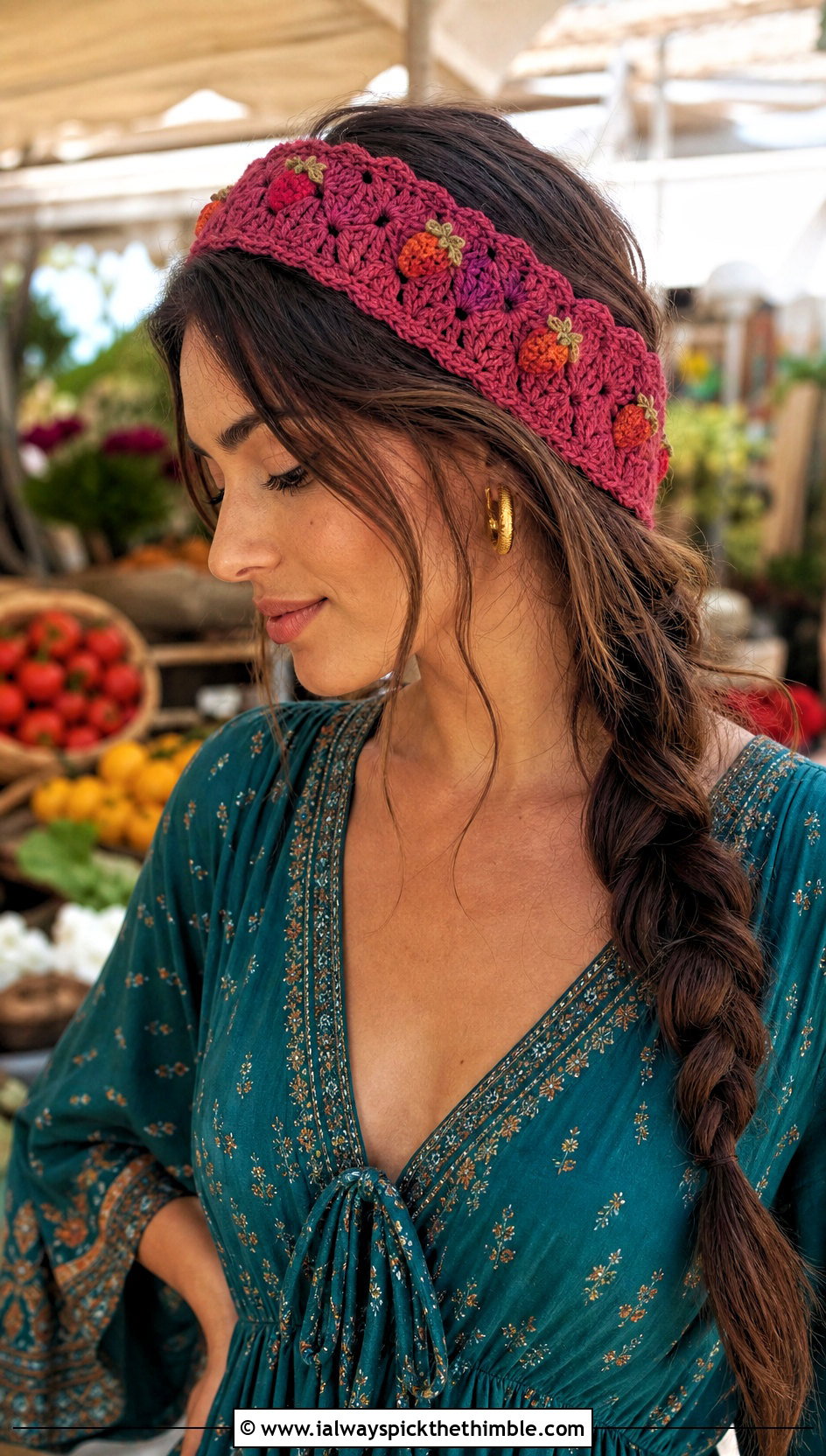Shell Stitch Strawberry Headband With Boho Maxi Dress - 25 Crochet Strawberry Headband outfit ideas