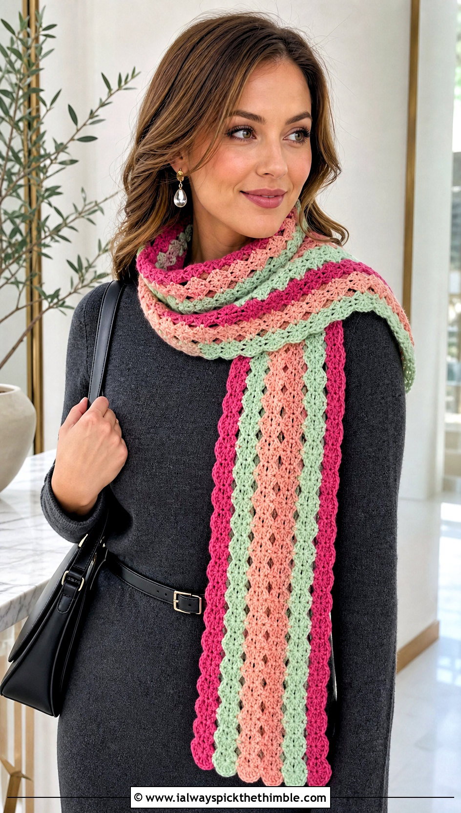 Shell Stitch Stripe Crochet Scarf With Knit Dress - 20 Stripe Crochet Scarf outfit ideas