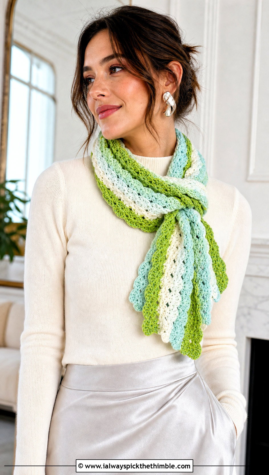 Shell Stitch Striped Crochet Scarf With Satin Midi Skirt - 20 striped crochet scarf outfit ideas