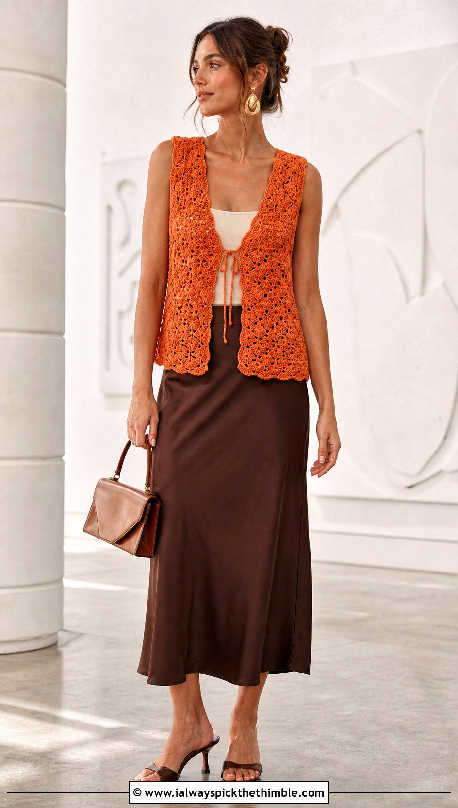 Shell Stitch Tie Crochet Vest With Satin Midi Skirt - 25 crochet tie vest outfit ideas
