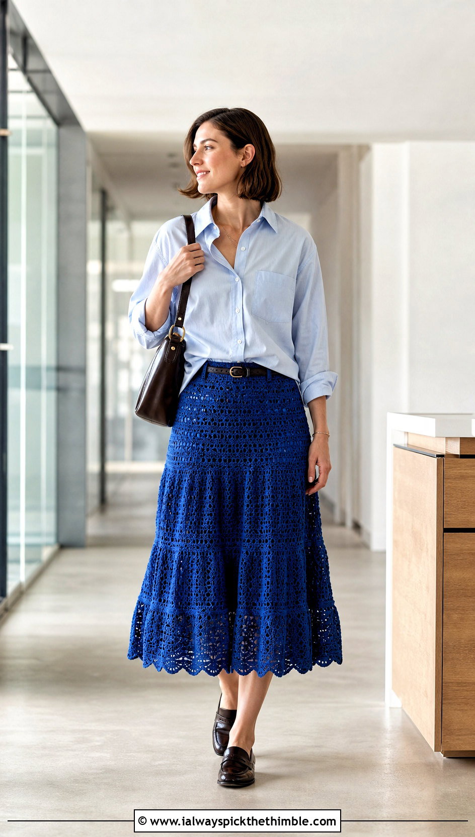 Shell Stitch Tiered Crochet Midi Skirt With Button Down Shirt - 25 Layered Crochet Skirt outfit ideas