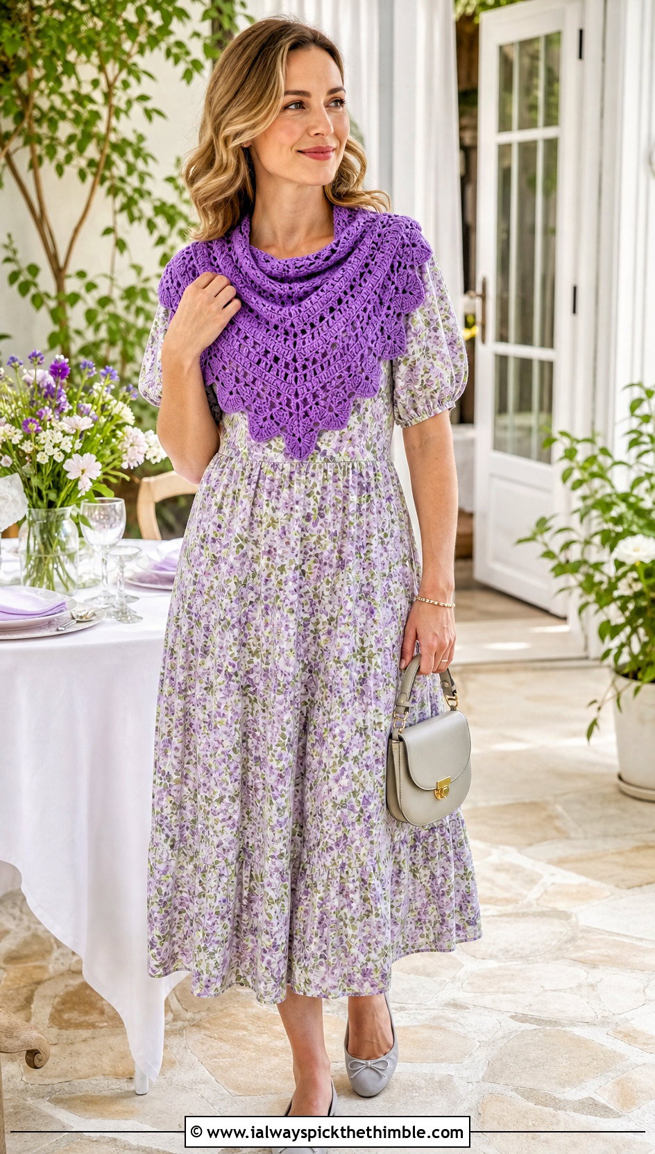 Shell Stitch Triangle Cowl With Floral Dress - 20 crochet triangle cowl outfit ideas