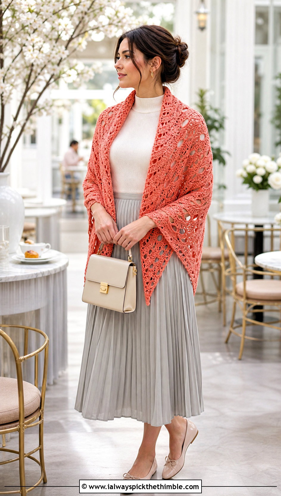 Shell Stitch Triangle Crochet Shawl With Pleated Skirt - 25 triangle crochet shawl outfit ideas