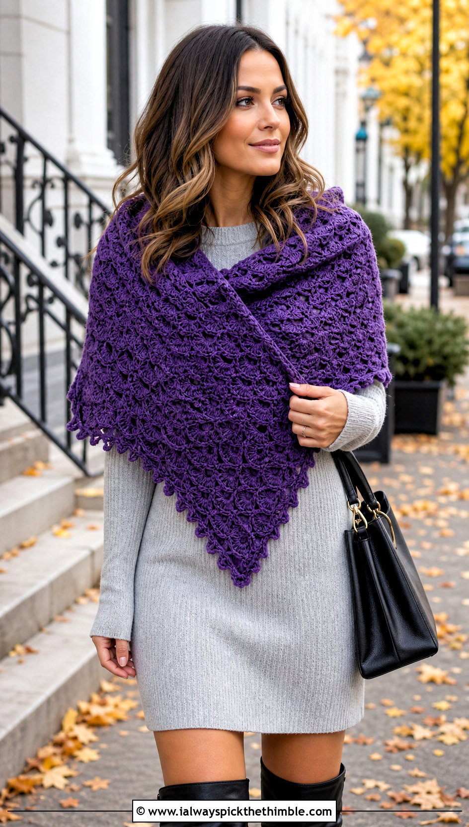 Shell Stitch Triangle Crochet Shawl With Sweater Dress And Boots - 15 Beginner Triangle Crochet Shawl outfit ideas