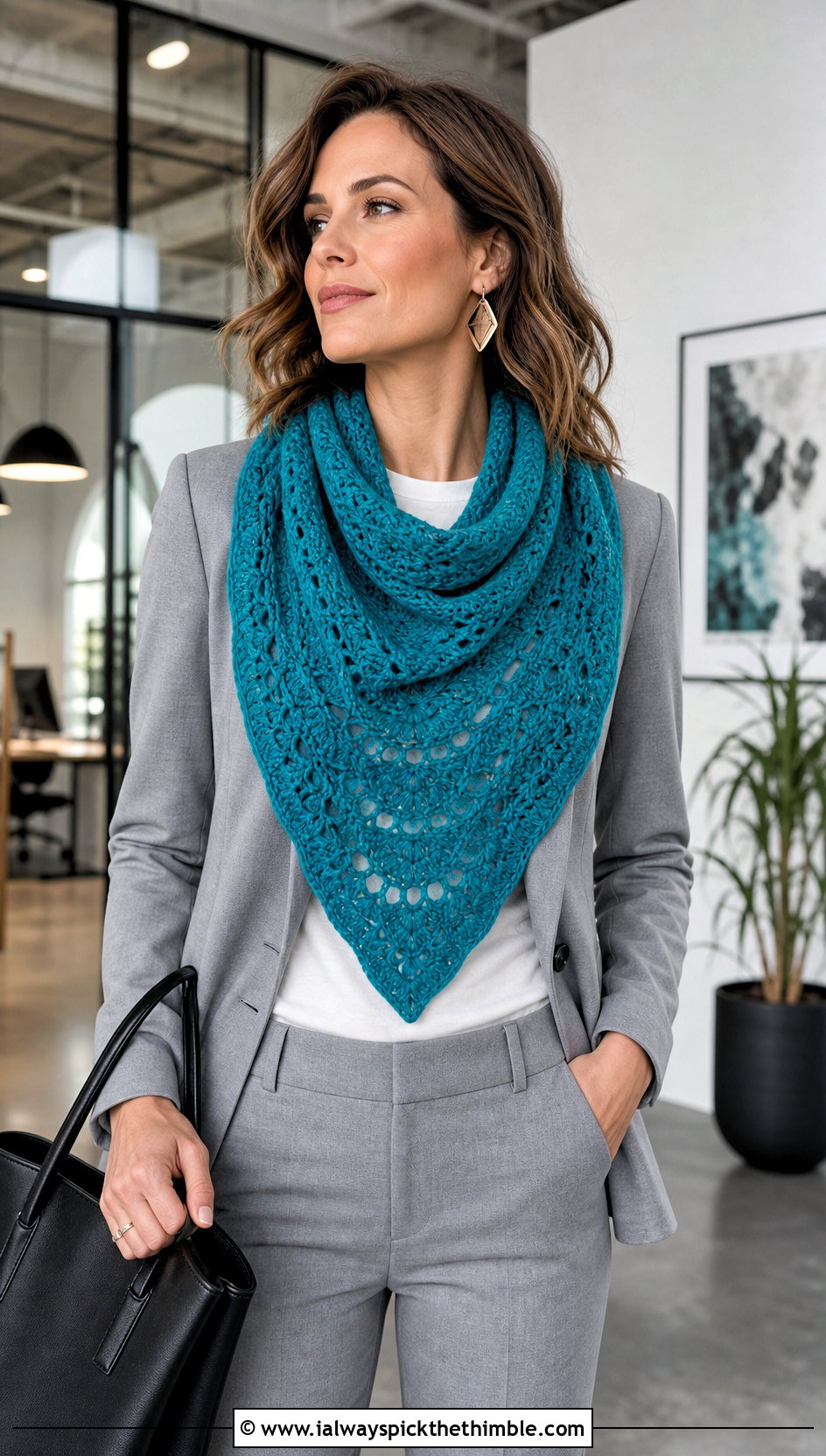 Shell Stitch Triangle Shawl With Blazer And Trousers - 20 Crochet Lacy Triangle Shawl outfit ideas