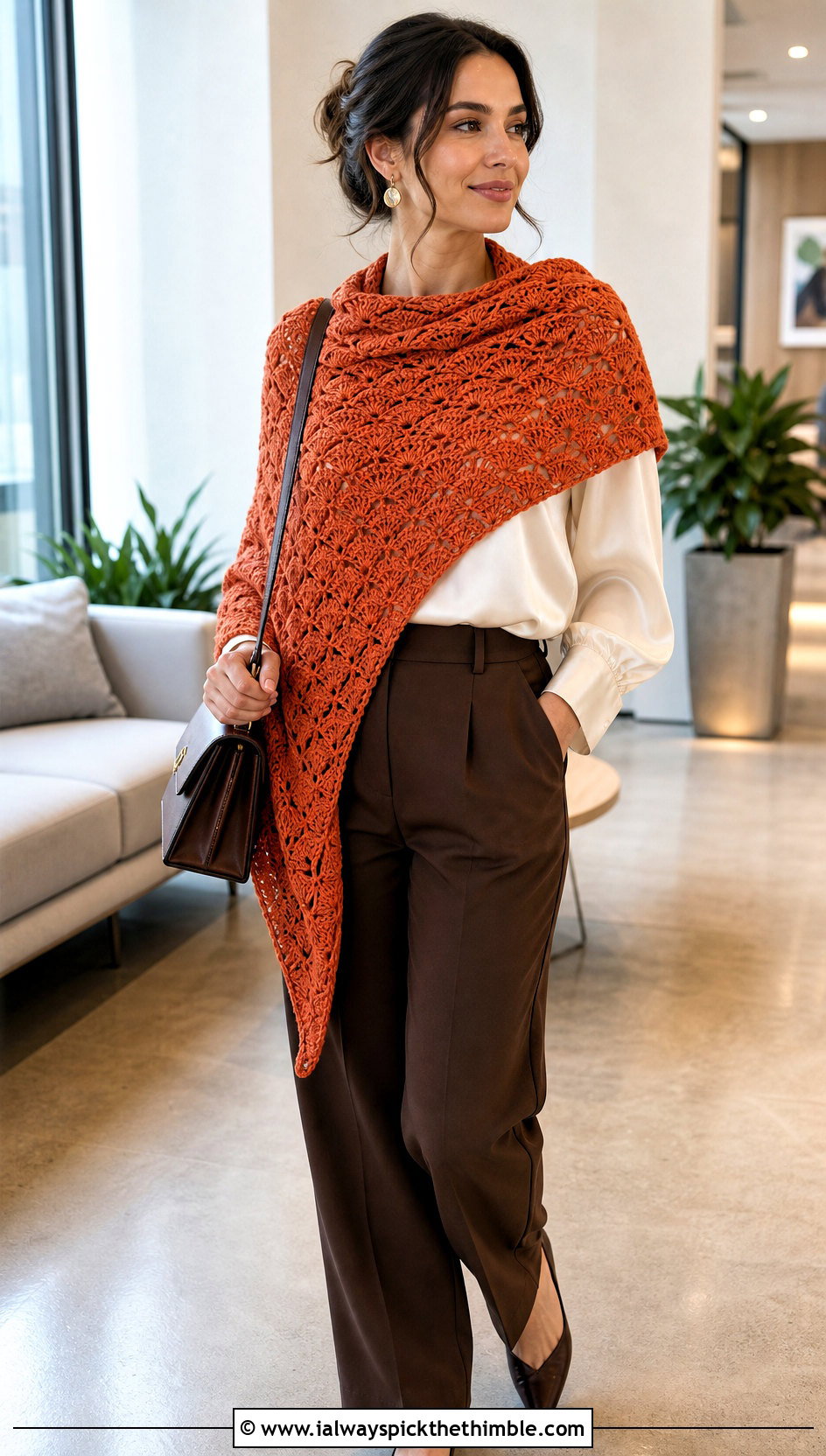 Shell Stitch Triangle Shawl With Satin Blouse And Trousers - 20 easy crochet triangle shawl outfit ideas