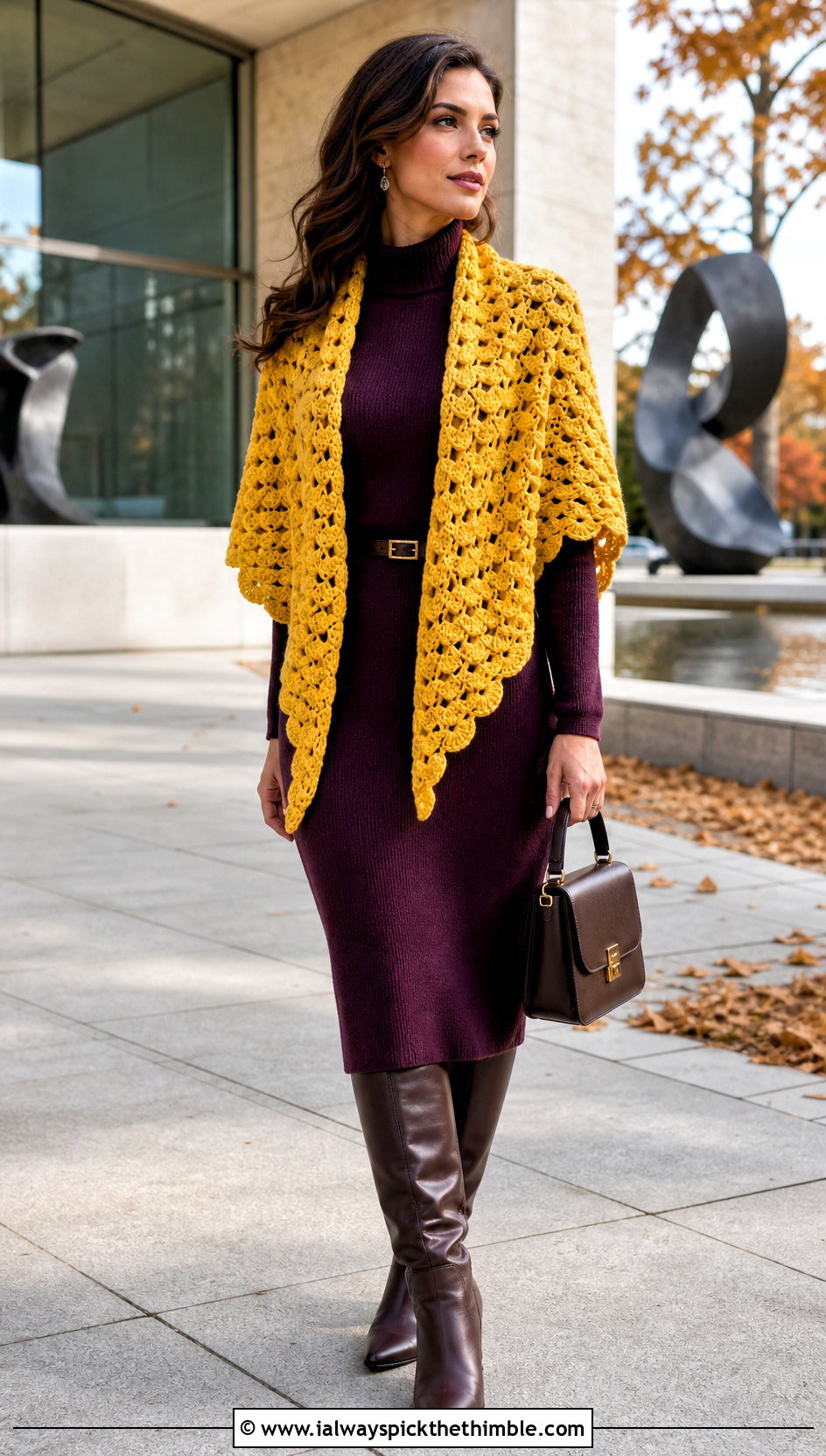 Shell Stitch Triangular Crochet Shawl With Sweater Dress - 20 triangular crochet shawl outfit ideas