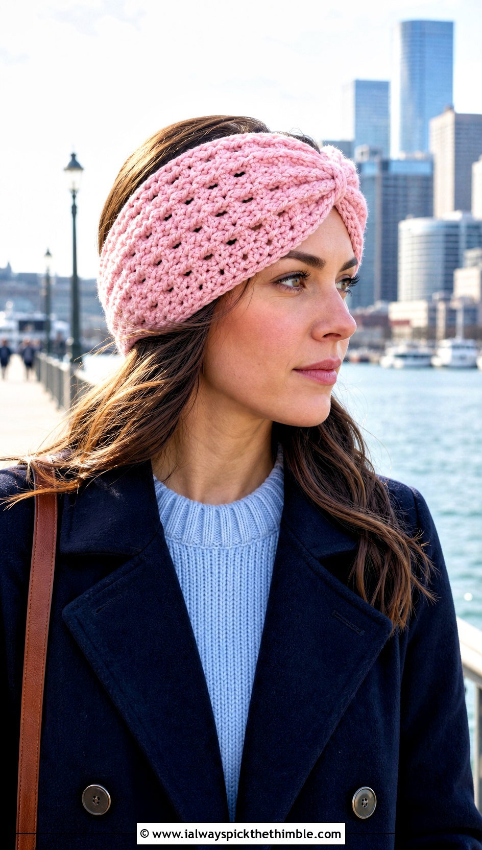Shell Stitch Twist Ear Warmer With Peacoat - 20 Crochet Twist Ear Warmer outfit ideas