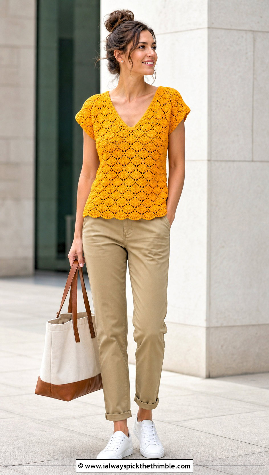 Shell Stitch V Neck Crochet Top With Chino Pants - 25 v neck crochet top outfit ideas
