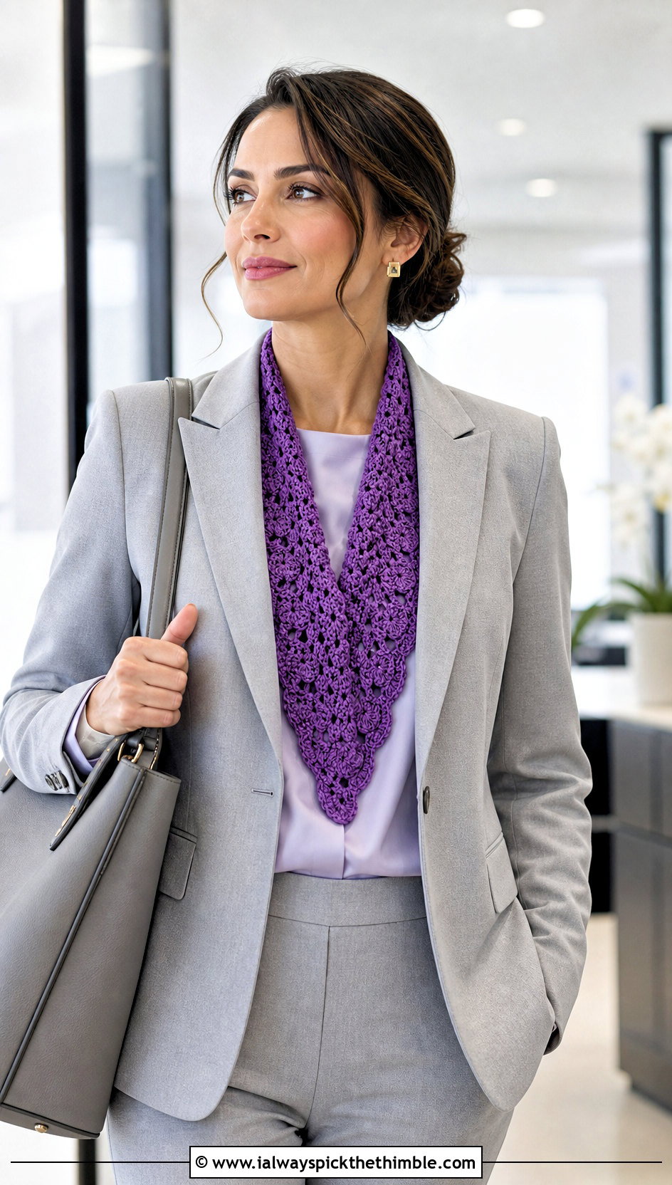 Shell Stitch V Shaped Crochet Shawl With Trouser Suit - 15 V Shaped Crochet Shawl outfit ideas