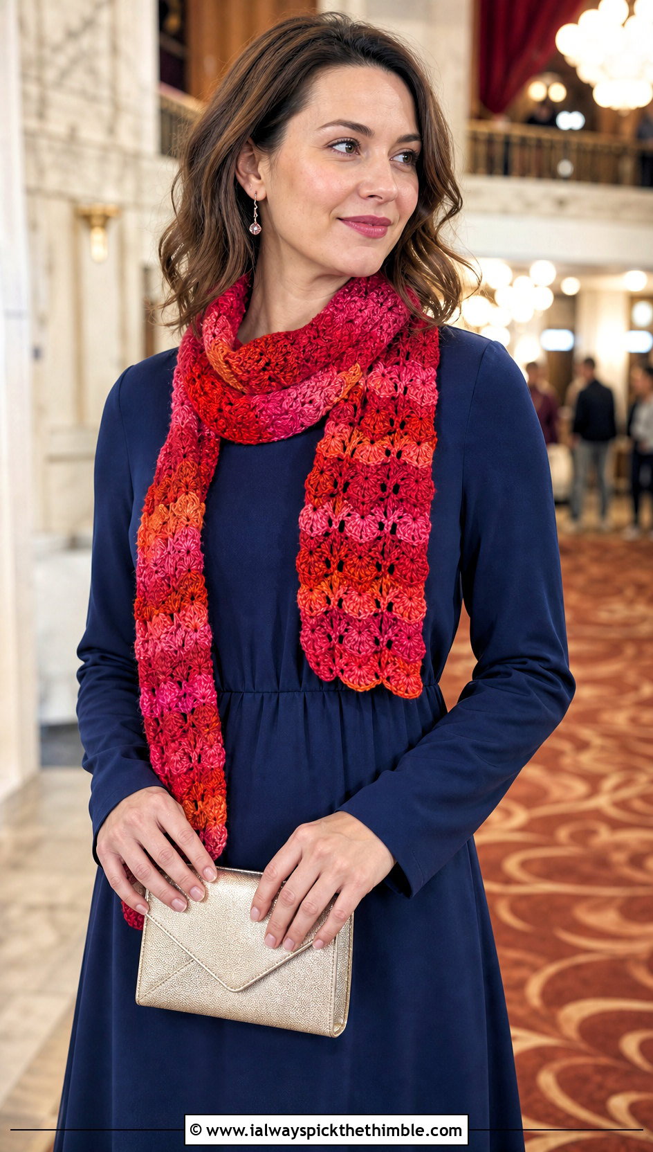 Shell Stitch Variegated Crochet Scarf With Midi Dress - 20 Variegated Yarn Crochet Scarf outfit ideas