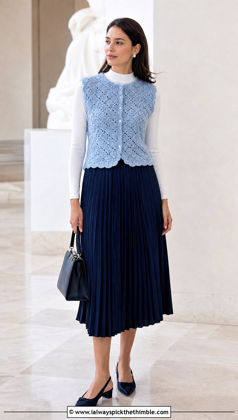 Shell Stitch Vintage Crochet Vest With Pleated Midi Skirt - 20 Vintage Crochet Vest outfit ideas