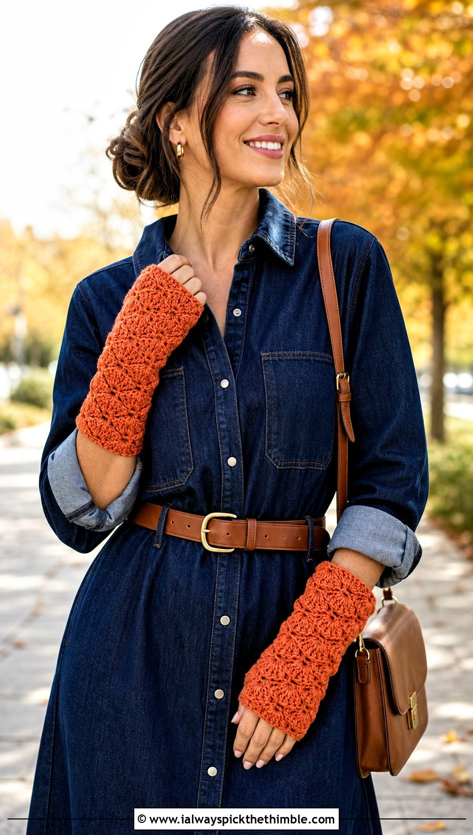 Shell Stitch Wrist Warmers With Denim Dress And Ankle Boots - 25 crochet wrist warmers outfit ideas