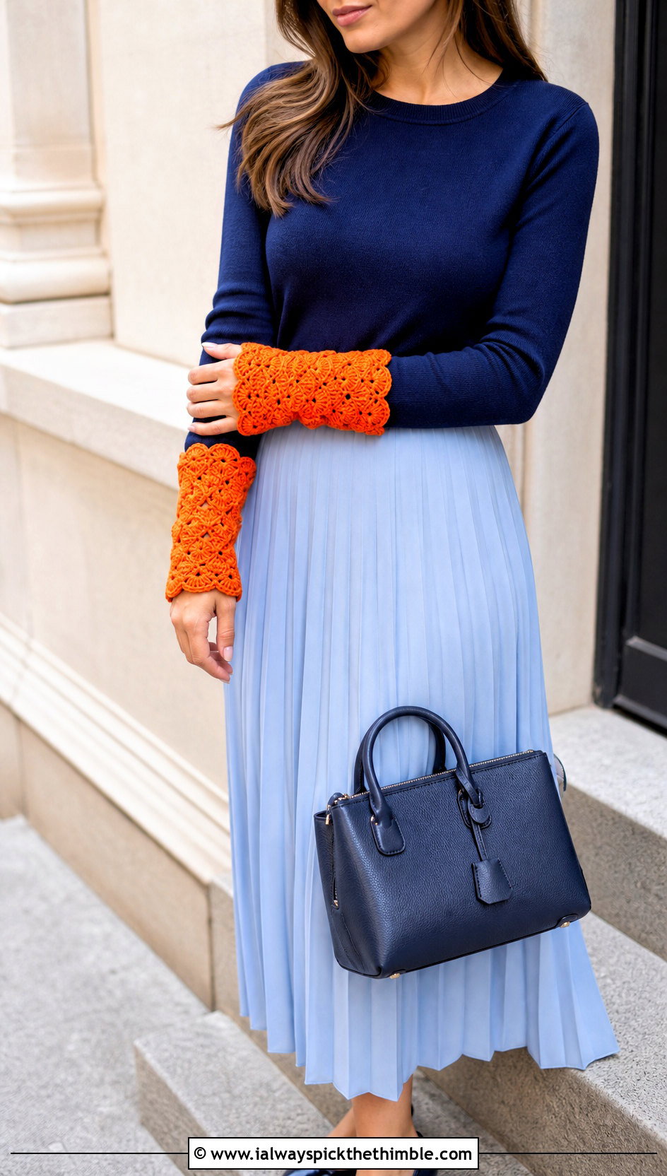 Shell Stitch Wrist Warmers With Pleated Skirt - 25 Crochet Handwarmer outfit ideas