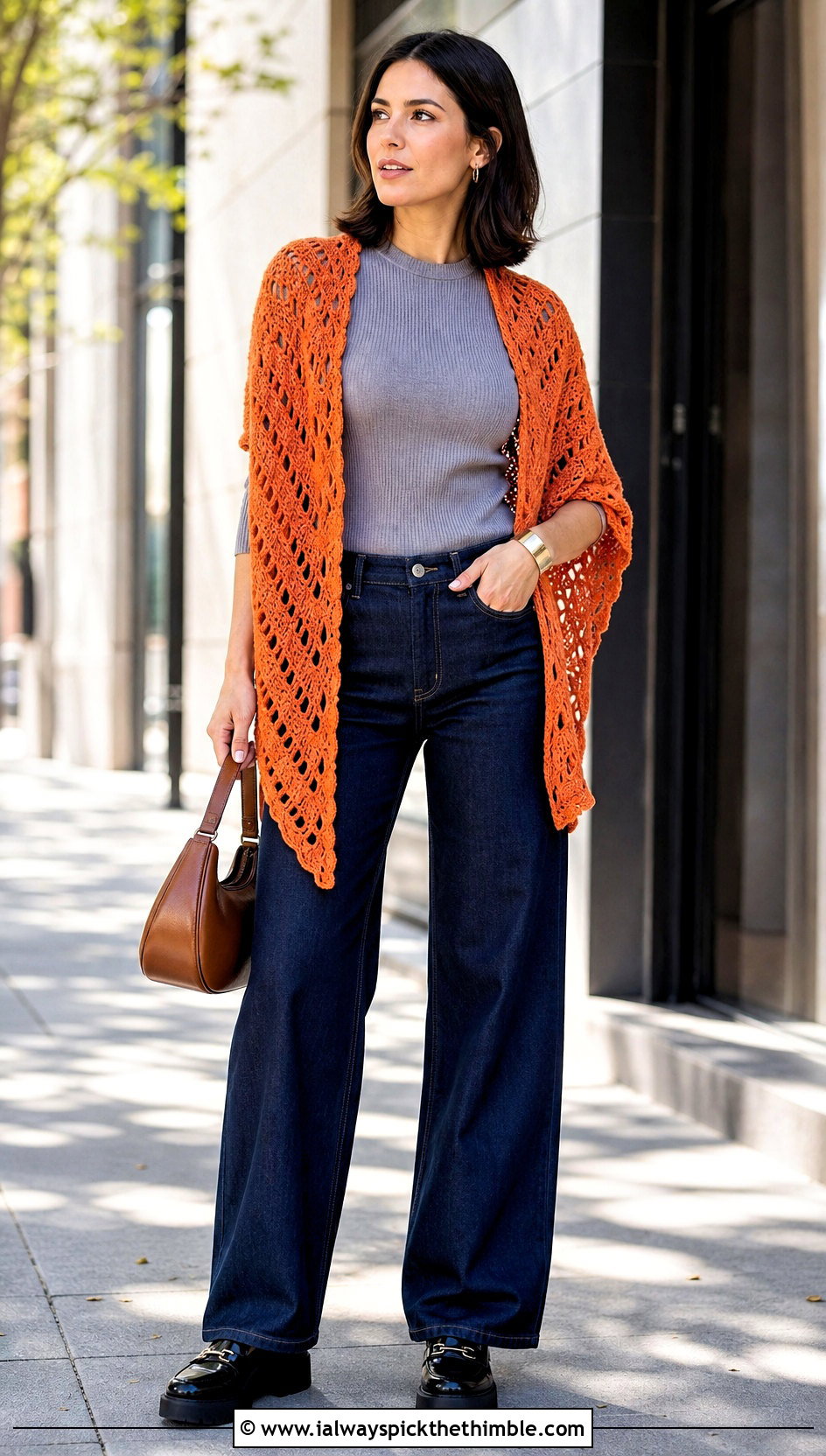 Shell V Stitch Crochet Shawl With Wide Leg Jeans - 20 V Stitch Crochet Shawl outfit ideas