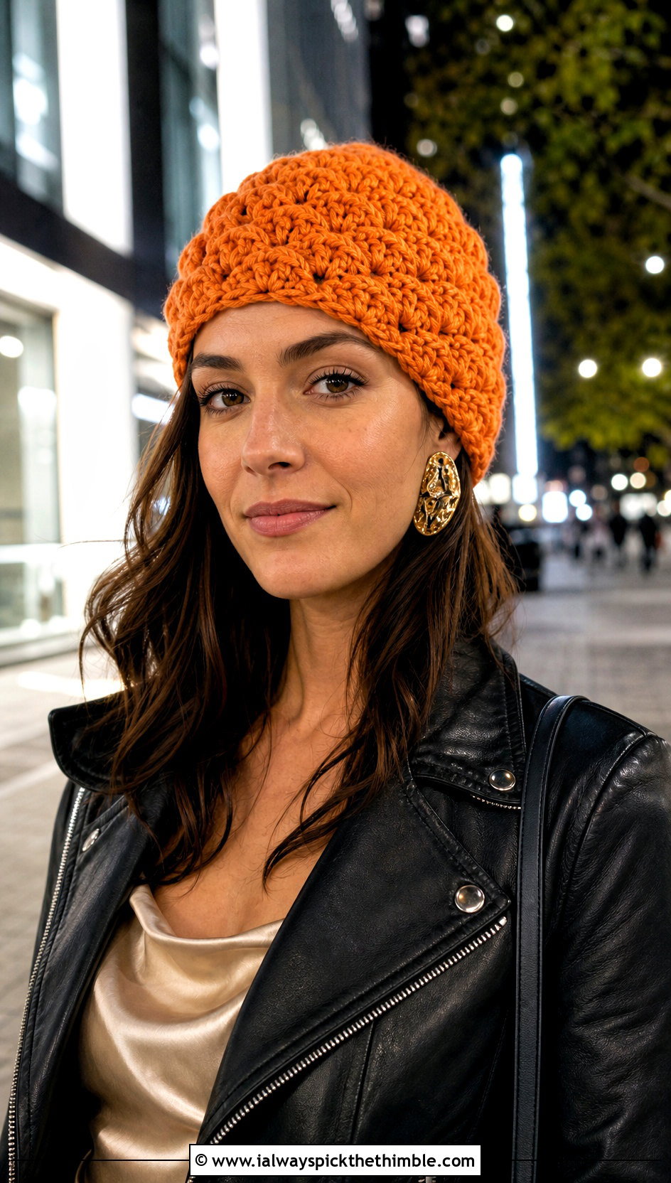 Shell Wave Crochet Beanie With Leather Jacket - 20 Wavy Crochet Beanie outfit ideas