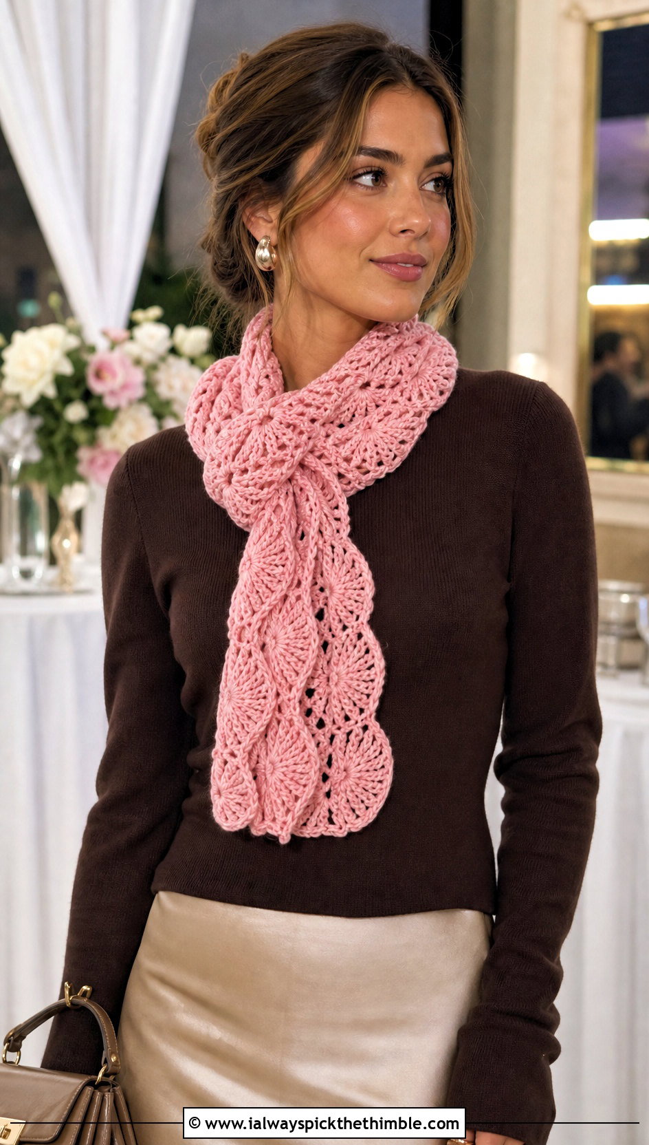 Shell Wave Crochet Scarf With Satin Slip Skirt and Knit Top - 20 wavy crochet scarf outfit ideas