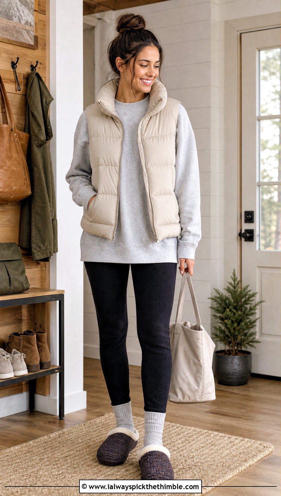 Sherpa Lined Crochet Knit Clog Slippers With Puffer Vest - 15 crochet-knit clog slippers outfit ideas