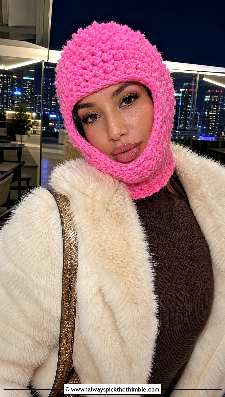 Sherpa Pink Crochet Balaclava With Faux Fur Coat - 20 Pink Crochet Balaclava outfit ideas