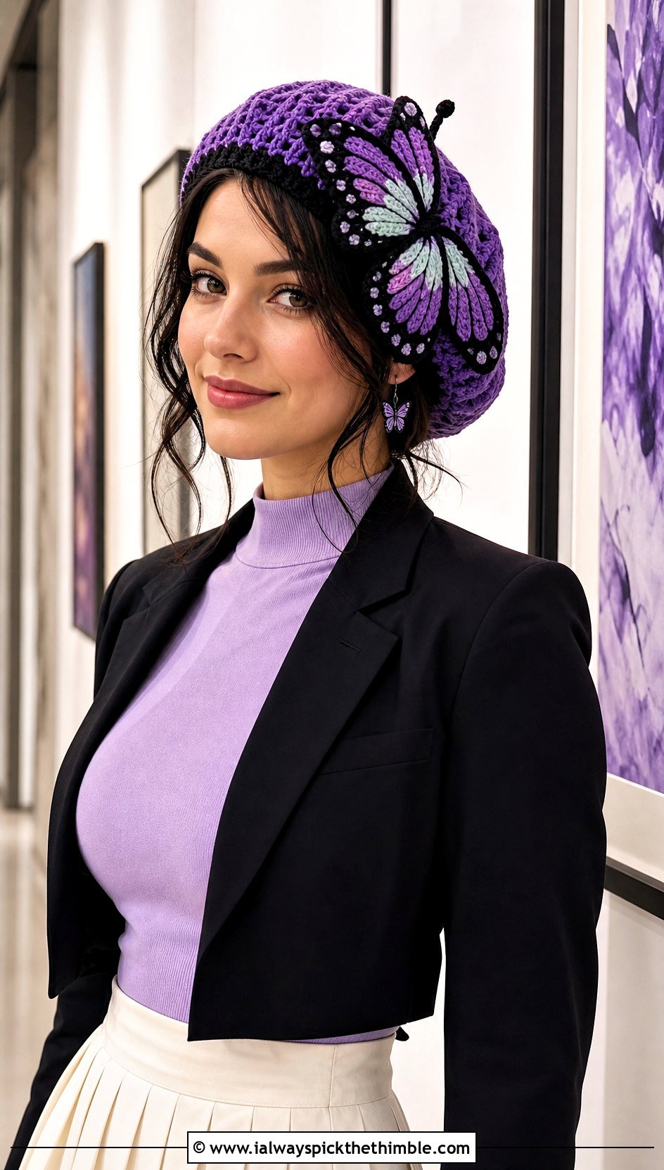 Shinobu Butterfly Beret With Blazer and Pleated Skirt - 20 Demon Slayer Crochet Hat outfit ideas
