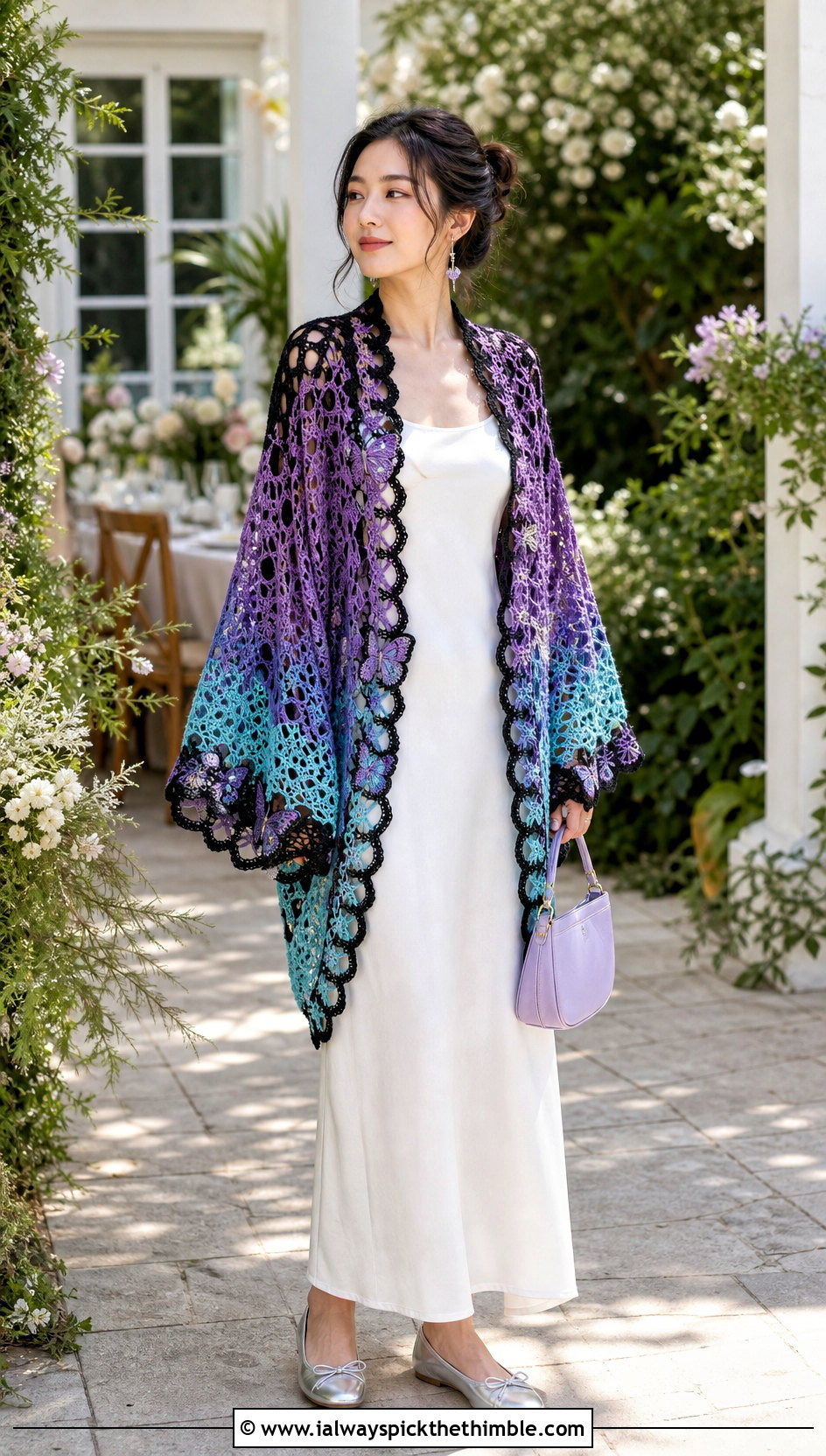 Shinobu Butterfly Crochet Cardigan With White Column Dress - 25 Demon Slayer Crochet Cardigan outfit ideas
