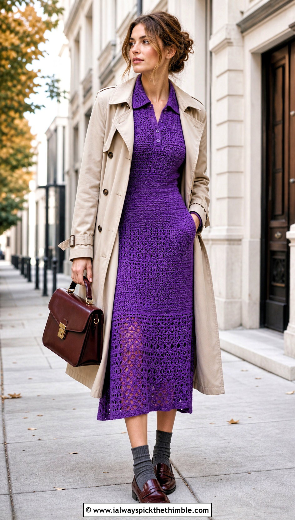 Shirt Collar Crochet Long Sleeve Midi Dress With Trench Coat - 20 crochet long sleeve dress outfit ideas
