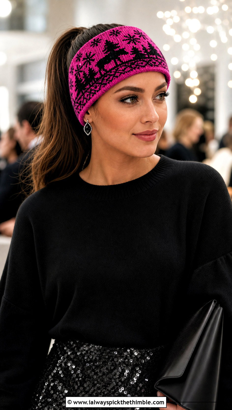 Shocking Pink Mosaic Crochet Winter Wonderland Headband With Sequin Pants - 15 Mosaic Crochet Winter Wonderland Headband outfit ideas