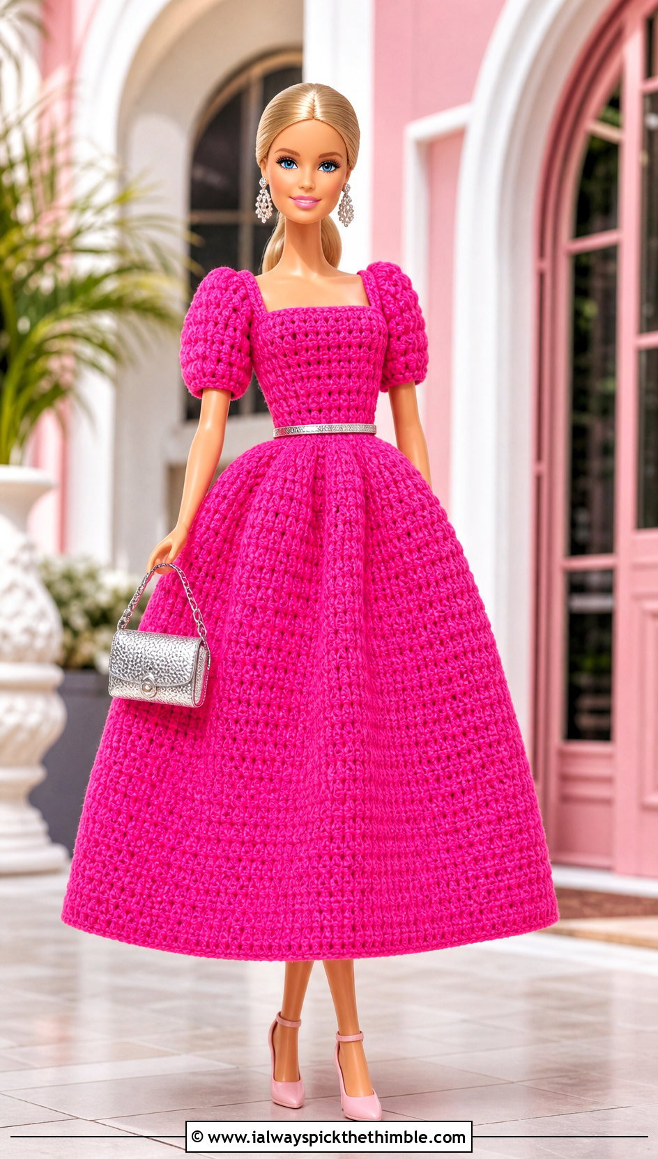 Shocking Pink Puff Sleeve Crochet Barbie Ball Gown - 20 crochet barbie ball gowns outfit ideas