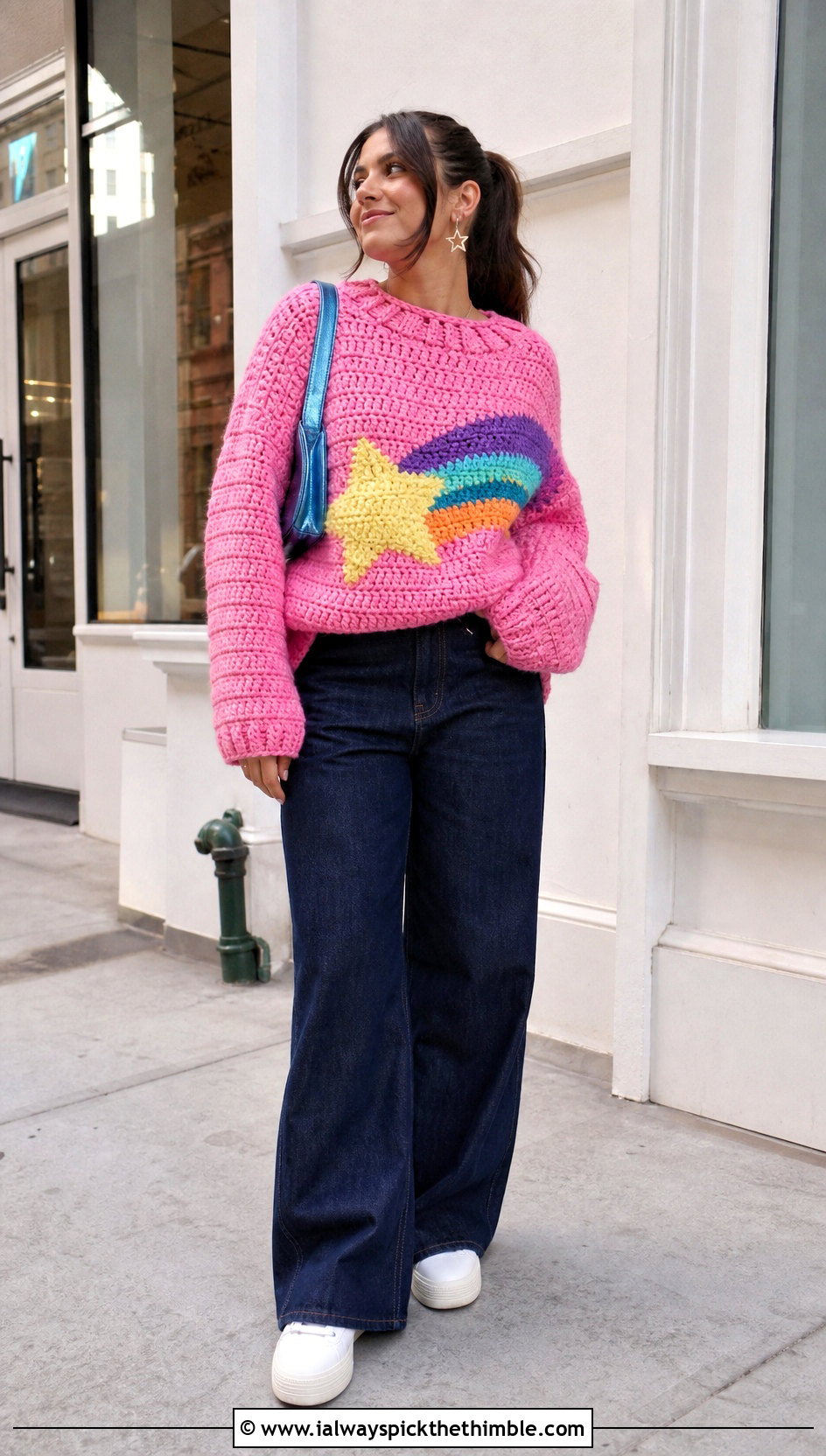 Shooting Star Crochet Mabel Pines Sweater With Wide Leg Jeans - 20 crochet mabel pines sweater outfit ideas