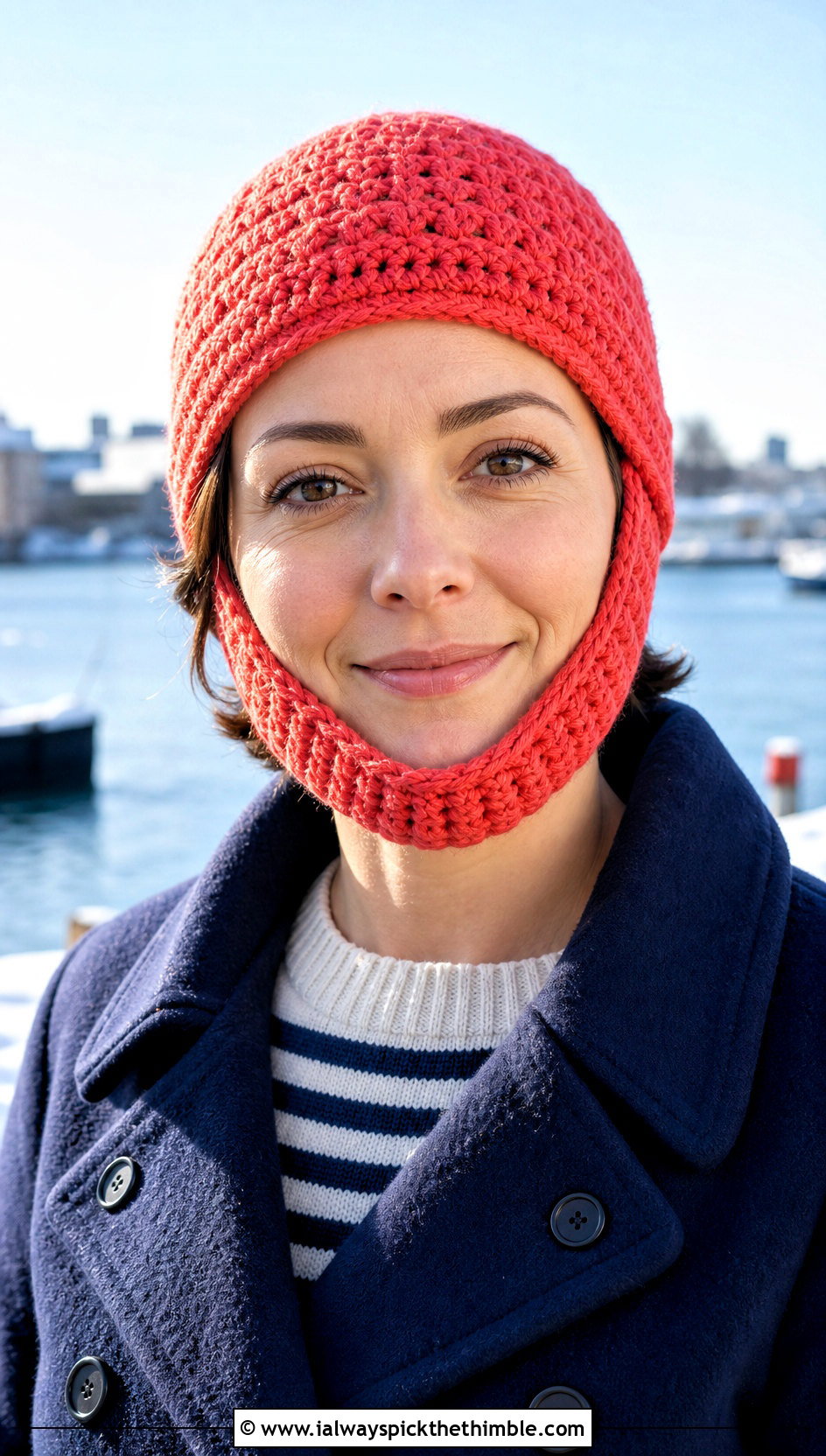 Short Beard Face Warmer Beanie With Pea Coat - 25 crochet beard hat outfit ideas