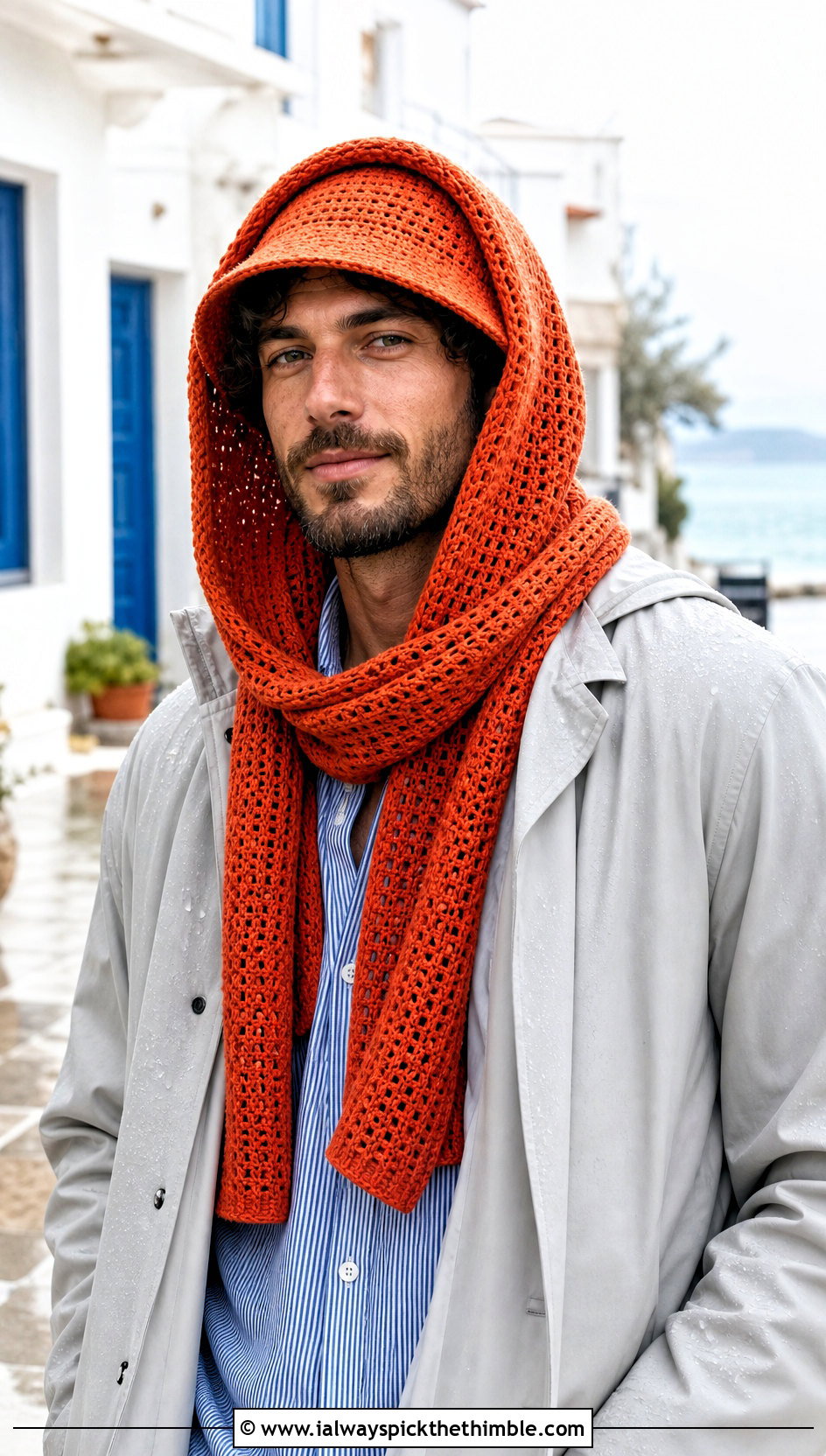 Short Brim Bucket Hat And Hooded Scarf With Raincoat - 15 Mens Crochet Hat And Scarf outfit ideas