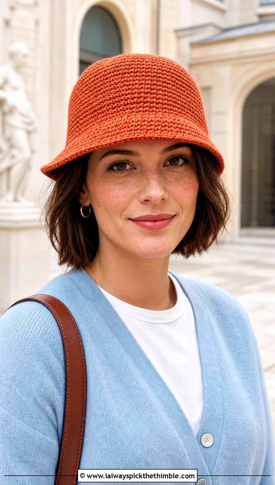 Short Brim Crochet Bucket Hat With Cardigan And Pleated Skirt - 25 crochet bucket hat outfit ideas