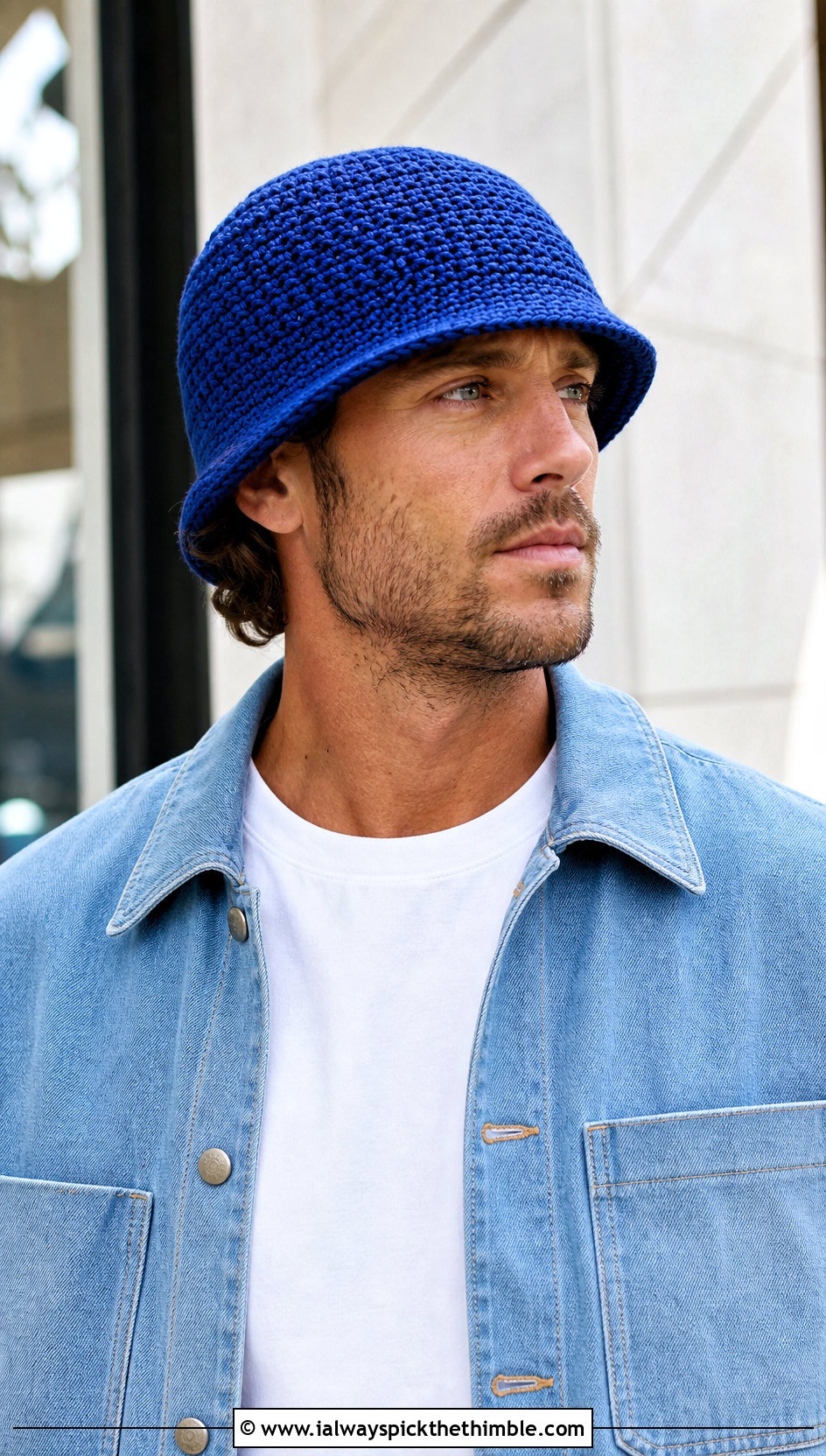 Short Brim Crochet Bucket Hat With Denim Chore Jacket - 15 Crochet Mens Hat With Brim outfit ideas