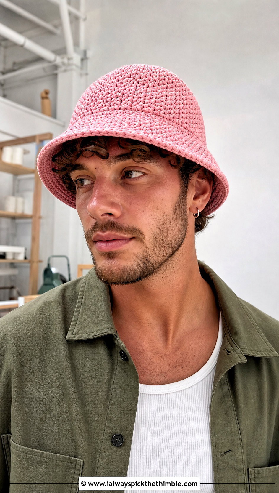 Short Brim Crochet Bucket Hat With Overshirt And Carpenter Pants - 25 men crochet bucket hat outfit ideas