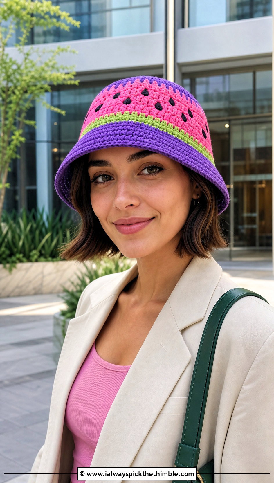 Short Brim Crochet Watermelon Bucket Hat With Blazer And Shorts - 20 crochet watermelon bucket hat outfit ideas