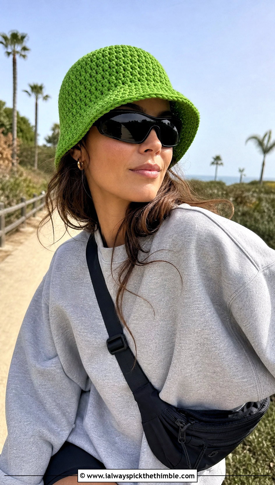 Short Brim Granny Stitch Bucket Hat With Sweatshirt And Bike Shorts - 20 crochet granny stitch bucket hat outfit ideas