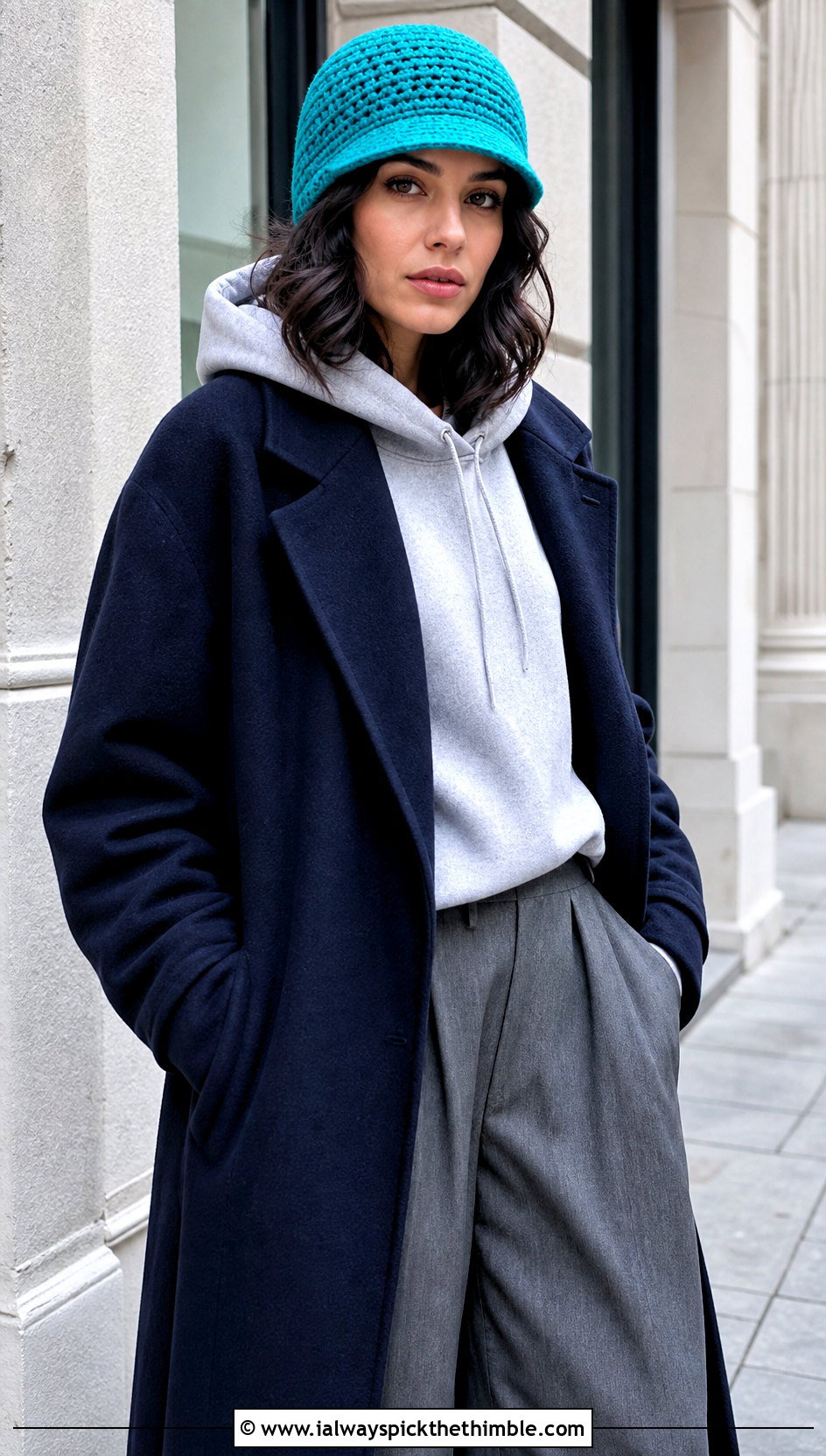 Short Brim Knit Look Crochet Beanie With Hoodie And Maxi Coat - 20 knit look crochet beanie outfit ideas