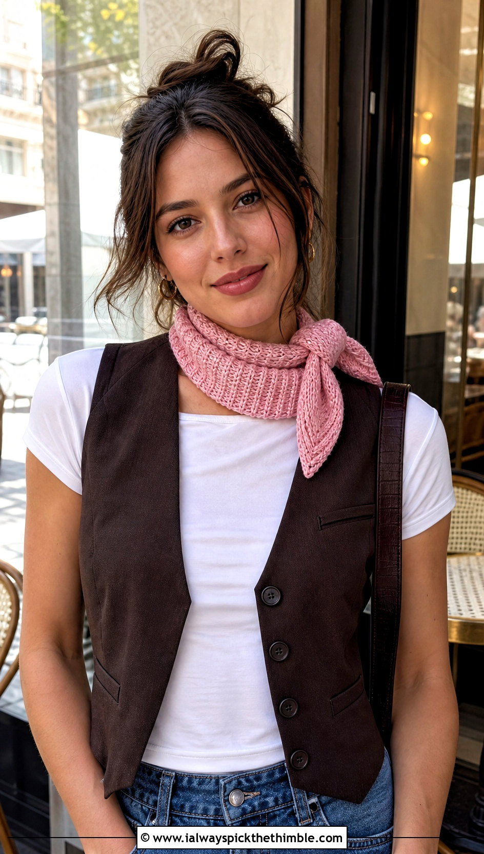 Short Brioche Crochet Neck Scarf With Vest And Jeans - 20 Brioche Crochet Scarf outfit ideas