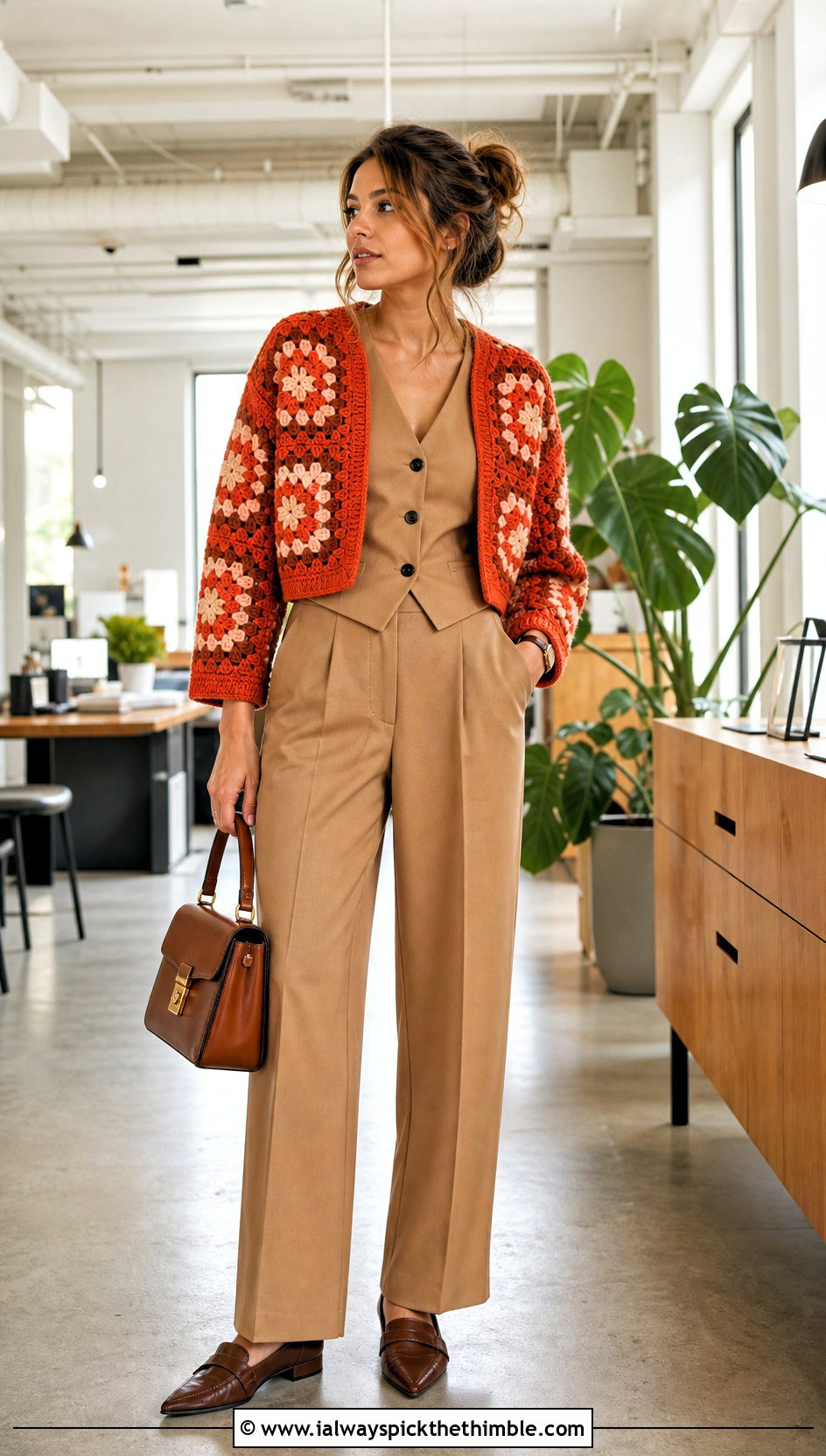 Short Chunky Granny Square Cardigan With Suit Vest And Trousers - 25 Chunky Granny Square Cardigan outfit ideas