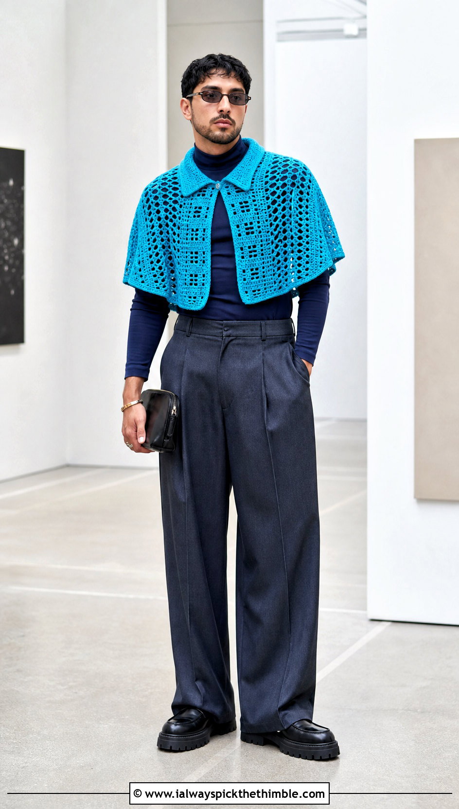 Short Crochet Cape Poncho With Wide Leg Trousers - 20 crochet men's poncho outfit ideas